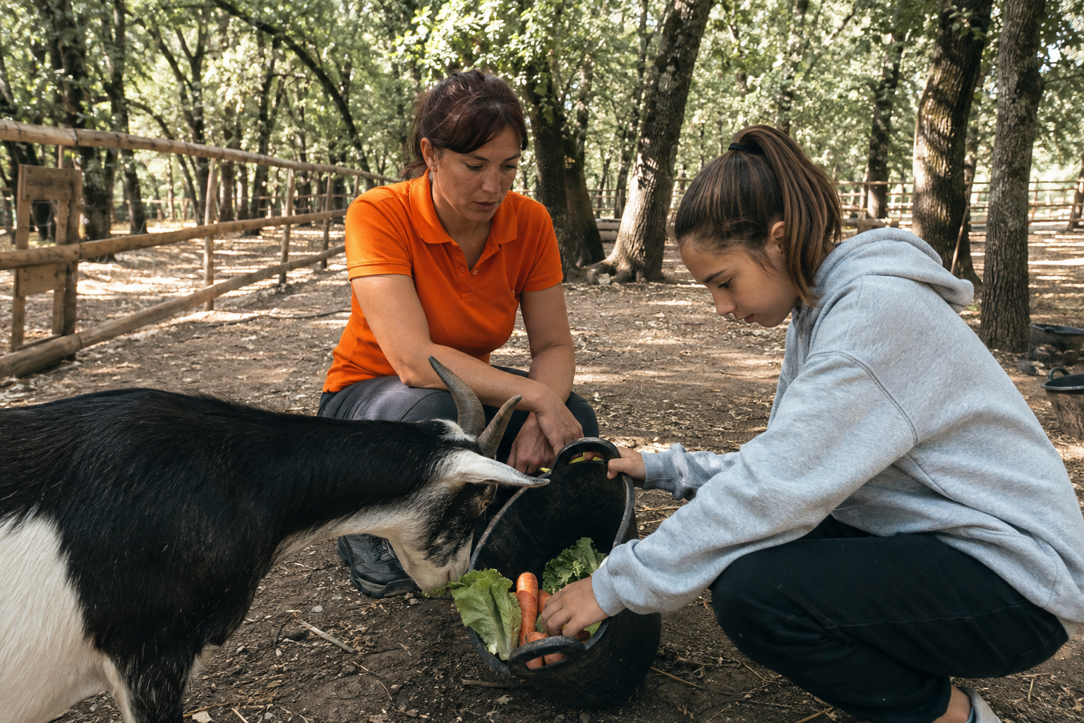Un enfant nourrit une chèvre aux côtés d'une soigneuse de Happy Forest